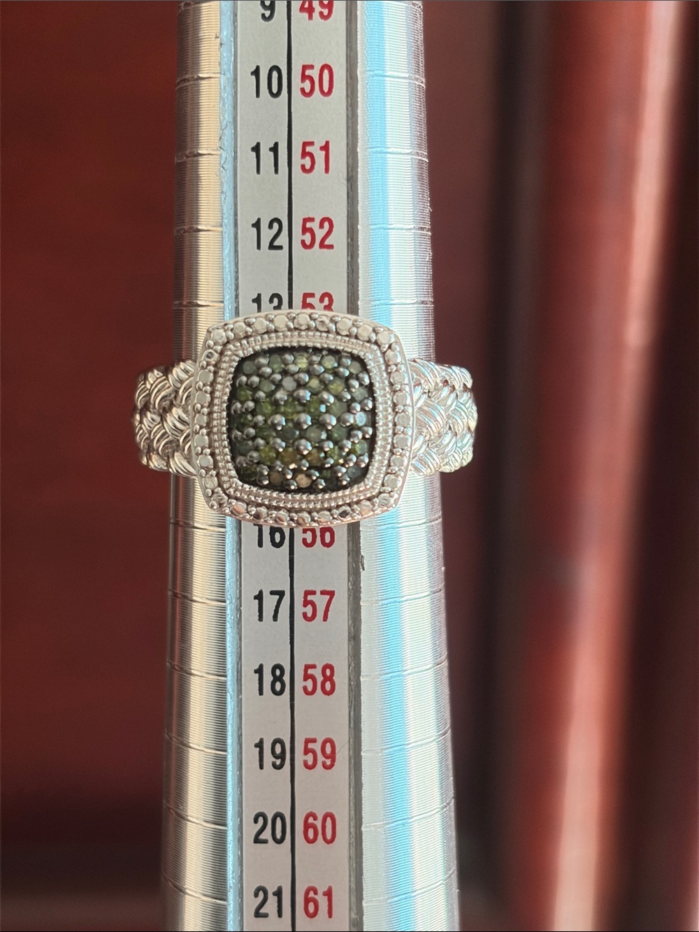 Vintage Affinity JS Sterling Silver Ring with Green Pave Diamonds
